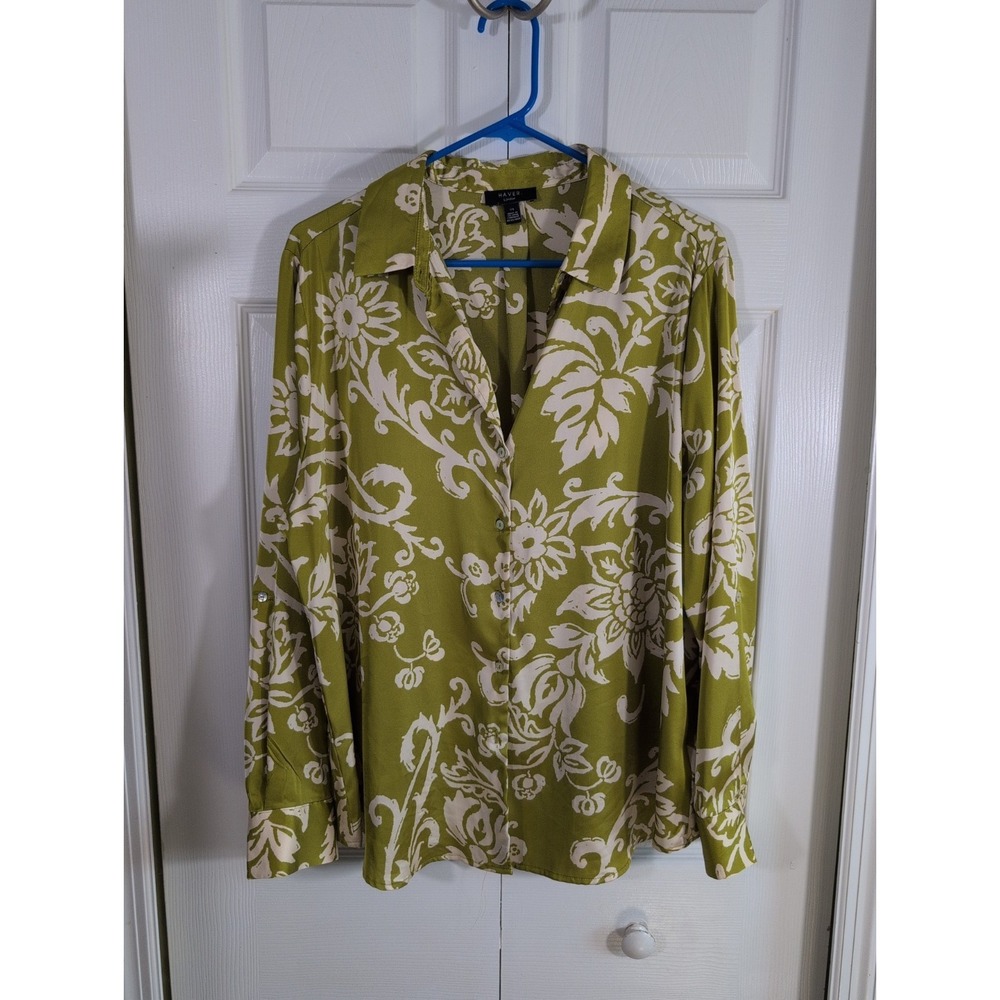 HAVER London women's blouse Large top green cream floral Boho relaxed fit